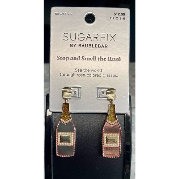Sugarfix Baublebar Stop and Smell the Rose pink wine bottle drop earrings NWT - Picture 1 of 4